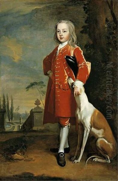 Portrait Of A Boy In A Red Coat, A Dog By His Side, In A Landscape Oil Painting by Charles Jervas