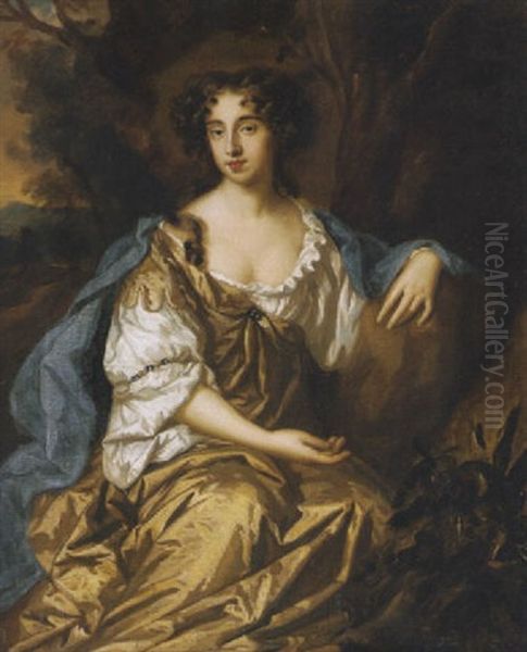 Portrait Of Mrs. Trevor In An Ochre Dress And Blue Mantle, Seated In A Wooded Landscape Oil Painting by Charles Jervas