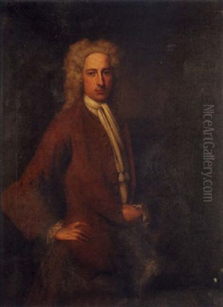 Portrait Of A Gentleman (sir Thomas Gibson Bt.?) Standing In A Brown Coat And A White Cravat Oil Painting by Charles Jervas