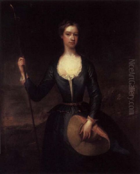 Portrait Of A Lady In A Blue Dress Holding A Straw Hat And A Eschardonoir, A Landscape Beyond Oil Painting by Charles Jervas