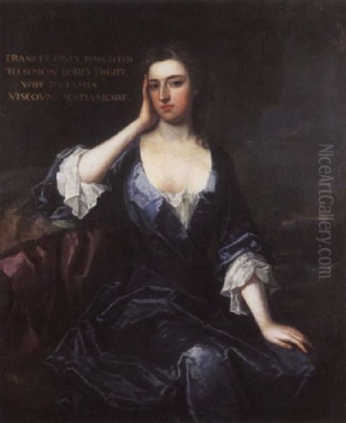 Portrait Of Frances, Daughter Of Simon, Lord Digby, And Wife Of James, Viscount Scudamore, In A Blue Dress, A River Landscape Beyond Oil Painting by Charles Jervas