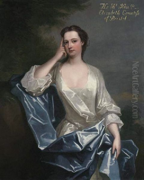 Portrait Of A Lady (elizabeth Felton, Of Playford, Later Countess Of Bristol?), Seated In A White Dress With A Blue Wrap Oil Painting by Charles Jervas