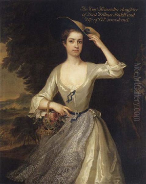 Portrait Of The Hon. Henrietta Townshend In A Landscape, Wearing A White Satin Dress With A Lace Apron And A Straw Hat Oil Painting by Charles Jervas