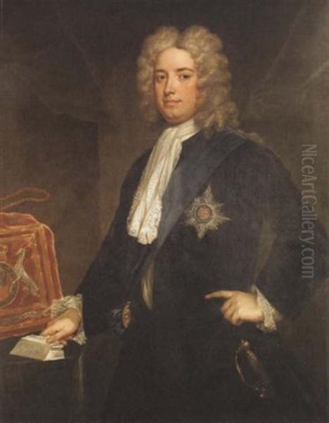 Portrait Of Sir Robert Walpole As Chancellor Of The Exchequer, In A Black Velvet Coat, Wearing The Star And Riband Of The Order Of The Garter Oil Painting by Charles Jervas