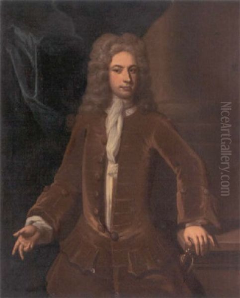 Portrait Of A Gentleman In A Brown Coat, His Left Hand Resting On A Plinth, Before A Column Oil Painting by Charles Jervas