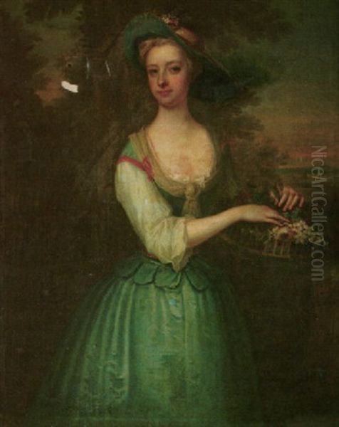 Portrait Of A Lady Wearing A Blue Dress And Holding A Basket Of Flowers, A Landscape Beyond Oil Painting by Charles Jervas