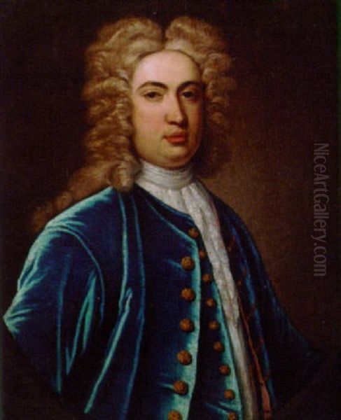 Portrait Of A Gentleman In A Blue Coat And Waistcoat And Lace Cravat Oil Painting by Charles Jervas