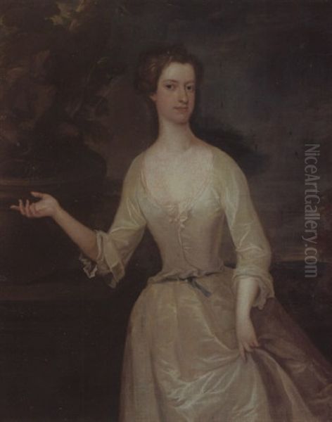 Portrait Of Lady Bayly, Standing In A Landscape Before A Carved Stone Fountain Wearing A White Dress Oil Painting by Charles Jervas