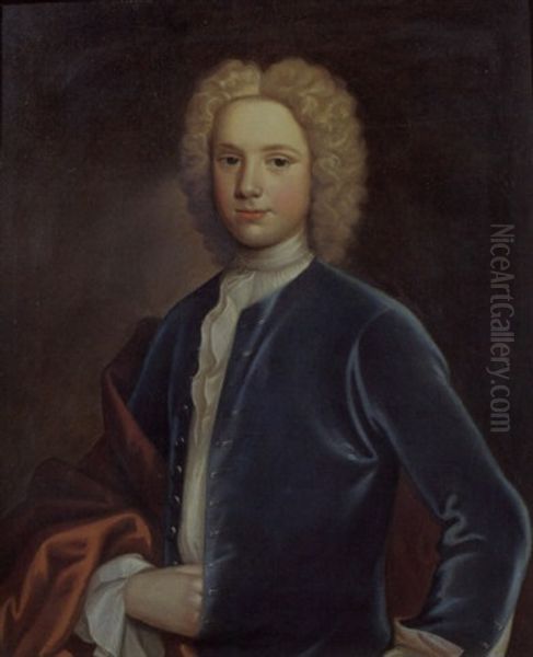 Portrait Of A Gentleman Wearing A Blue Coat With A White Stock, A Red Cloak Over His Arm Oil Painting by Charles Jervas