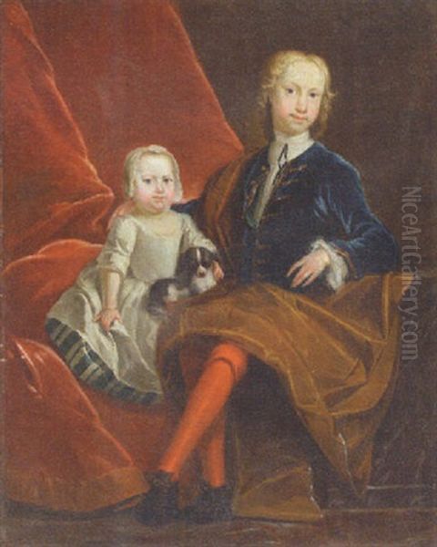 Portrait Of A Gentleman And His Child With A Dog Before A Draped Curtain Oil Painting by Charles Jervas