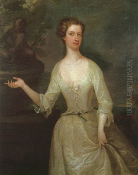 Portrait Of Lady Bayly Standing In A Landscape Before A Carved Stone Fountain Wearing A White Dress Oil Painting by Charles Jervas