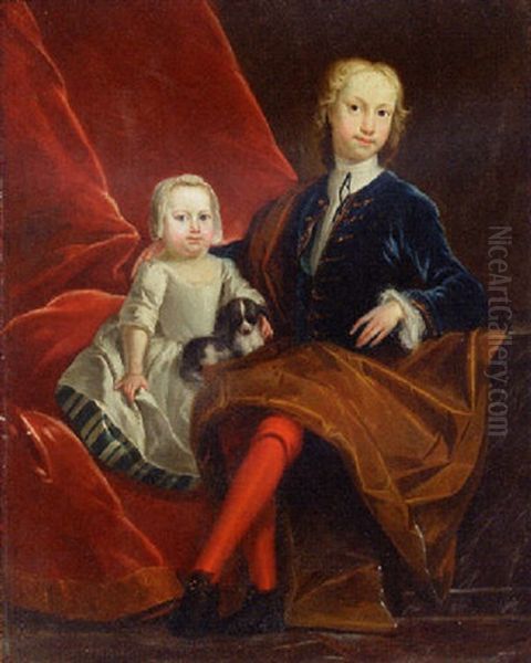 Portrait Of A Gentleman And His Child With A Dog Before A Draped Curtain Oil Painting by Charles Jervas