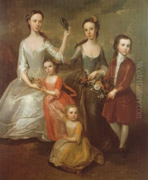 A Family Portrait With Four Sisters In White, Blue, Red And Yellow Dresses Holding Fruit And Flowers With Their Brother Oil Painting by Charles Jervas