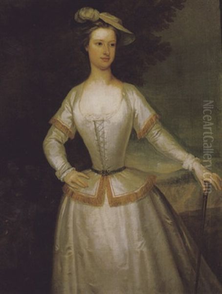 Portrait Of Jane Du Cane Wearing A White Dress Trimmed With Gold Edging, And A Hat Oil Painting by Charles Jervas