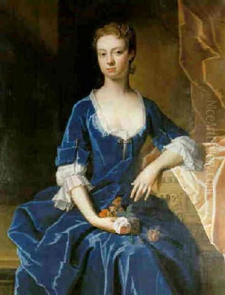 Portrait Of A Lady, Seated Three-quarter Length, Wearing Blue Velvet Dress Holding Roses Oil Painting by Charles Jervas