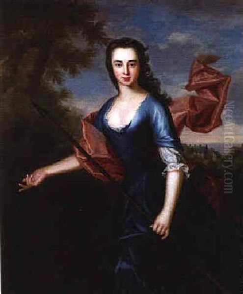 Portrait Of A Lady (katherine Hall?) As Diana, Before A Landscape Oil Painting by Charles Jervas