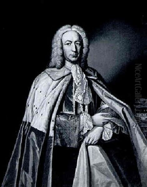 Portrait Of A Grey, 5th Lord Maynard, Dressed In Peer's Robes, Standing Three-quarter Length Beside His Coronet Oil Painting by Charles Jervas