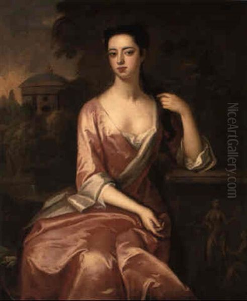 Portrait Of A Lady In A Pink Gown In A Garden Beside A Low Relief Sculpture Oil Painting by Charles Jervas