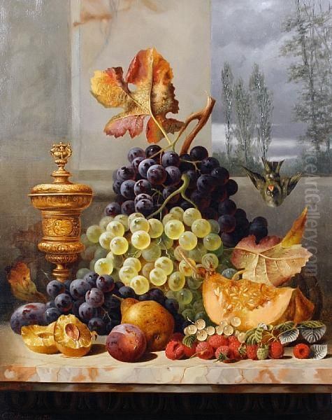 Still Life Of Fruit On A Marble Ledge Oil Painting by Charles E. Baskett