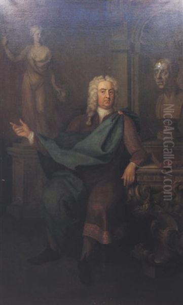 Fulllength, Seated, Wearing Blue Robes, A Statue Of  Minerva And A Bust Of Cicero By His Side Oil Painting by Charles Jervas