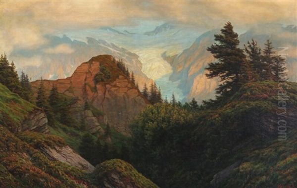 Evening In The Brener-oberlands Highlands, In The Background The Grindelwald Glacier Oil Painting by Henrik Gamst Jespersen