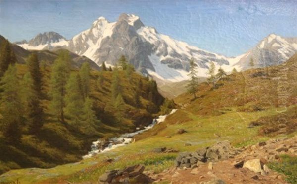 A Mountainside Stream In Springtime Oil Painting by Henrik Gamst Jespersen