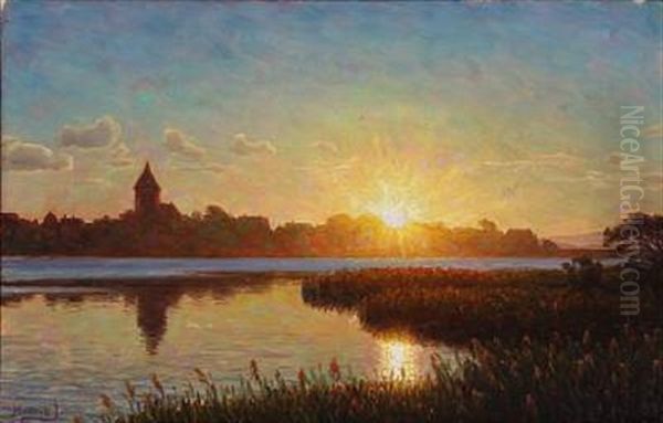 Sunset Over Ribe At St. Catharina Church Oil Painting by Henrik Gamst Jespersen