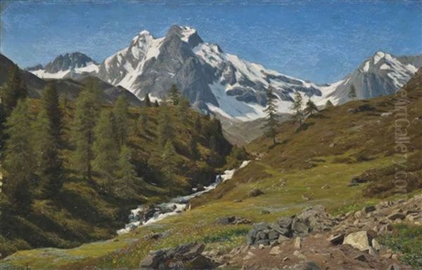 An Alpine Torrent In The Spring Oil Painting by Henrik Gamst Jespersen