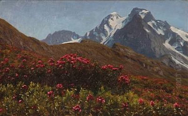 Alp Landscape With Red Flowers Oil Painting by Henrik Gamst Jespersen