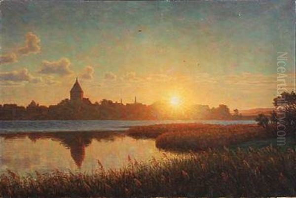 Sunrise At Ribe Oil Painting by Henrik Gamst Jespersen