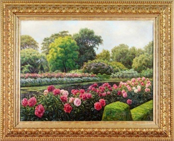 Summer Garden Scenery With Peonies Oil Painting by Henrik Gamst Jespersen