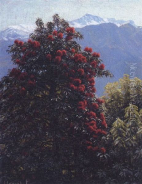 Parti Fra Tyrol Med Blomstrende Trae, I Baggrunden Sneklaedte Bjerge by Henrik Gamst Jespersen