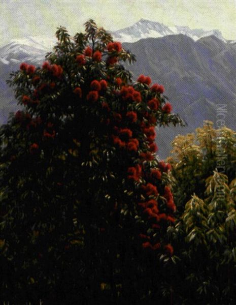 Parti Fra Tyrol Med Blomstrende Trae, I Baggrunden Sneklaedte Bjerge Oil Painting by Henrik Gamst Jespersen