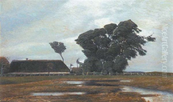 A Water Meadow Before A Farmstead Oil Painting by Henrik Gamst Jespersen