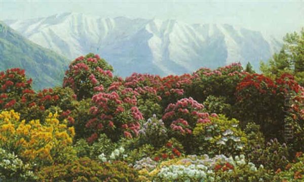 Rhododendrons In Snowy Highlands Oil Painting by Henrik Gamst Jespersen