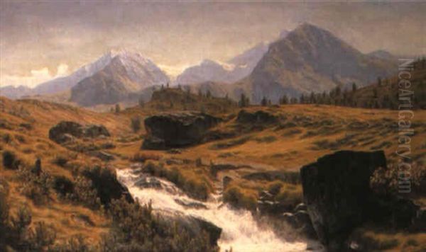 A Mountainous Landscape With A Stream Oil Painting by Henrik Gamst Jespersen