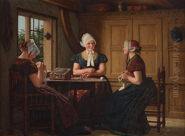 Interior With Needleworking Women Oil Painting by Carl Ludwig Jessen