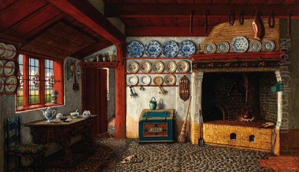 Frisian Kitchen Interior Oil Painting by Carl Ludwig Jessen