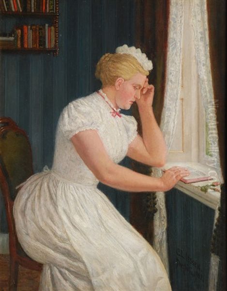 Reading Young Woman At A Window Oil Painting by Carl Ludwig Jessen