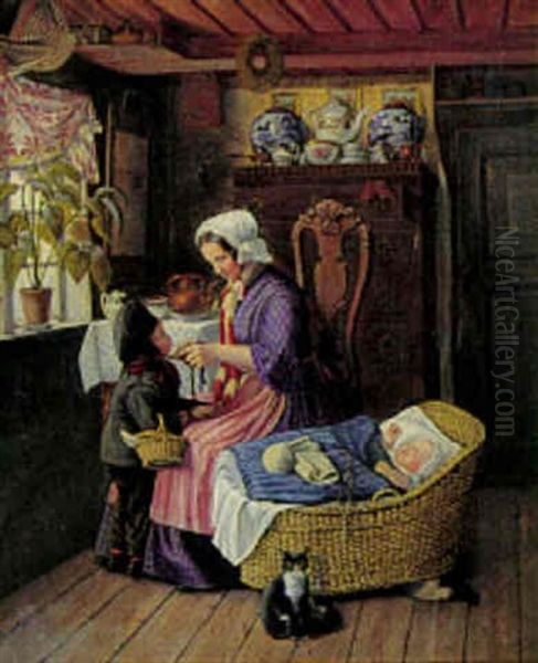 Interior Med Mor Og To Sma Born Oil Painting by Carl Ludwig Jessen