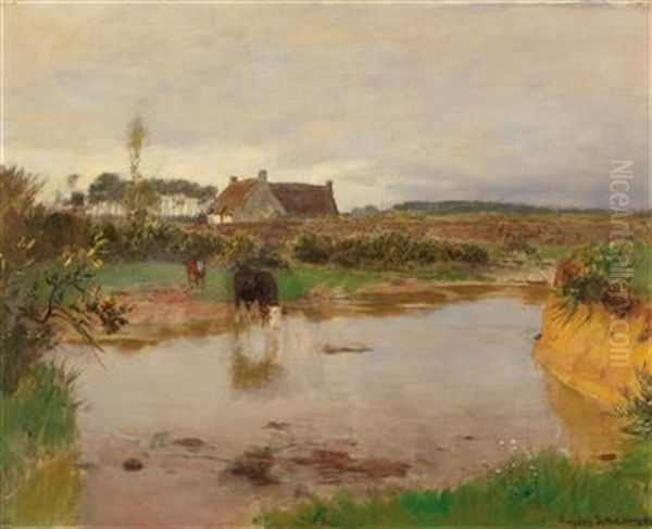 River Landscape With Cows Oil Painting by Eugen Jettel