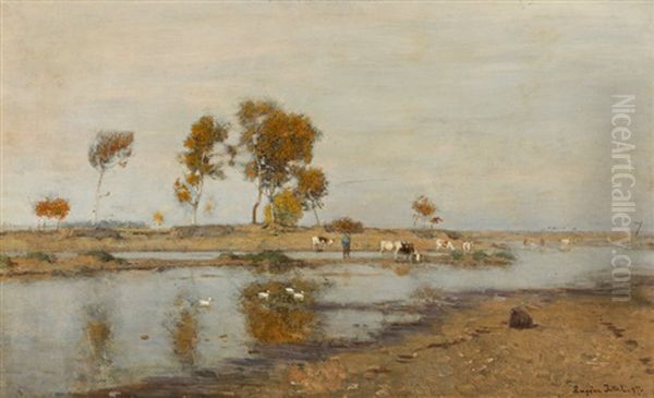 River Landscape With Cows Oil Painting by Eugen Jettel