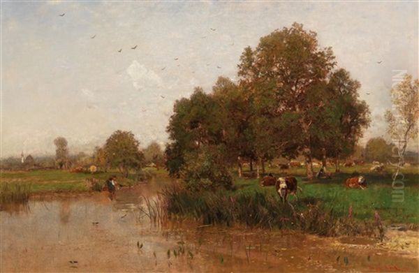 River Landscape With Cows Resting Oil Painting by Eugen Jettel