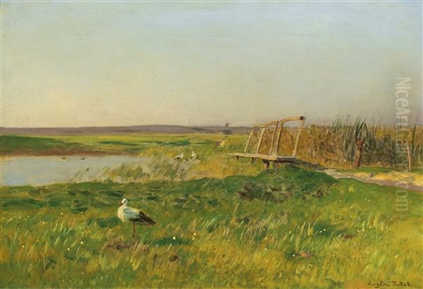 A Springtime Landscape With Storks By A Pond Oil Painting by Eugen Jettel