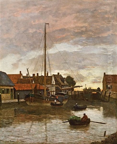 Evening In A Harbour Oil Painting by Eugen Jettel