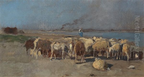 Herd Of Sheep In The Evening Light Oil Painting by Eugen Jettel