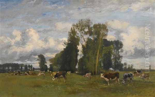 Grazing Cows On A Meadow Oil Painting by Eugen Jettel