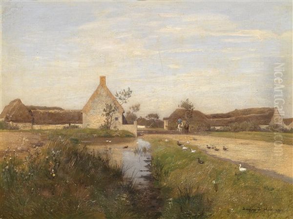 Idyllic Farmhouse Scene With Ducks Oil Painting by Eugen Jettel