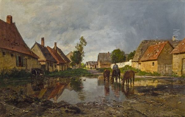 Dorfstrase Mit Trinkenden Pferden by Eugen Jettel