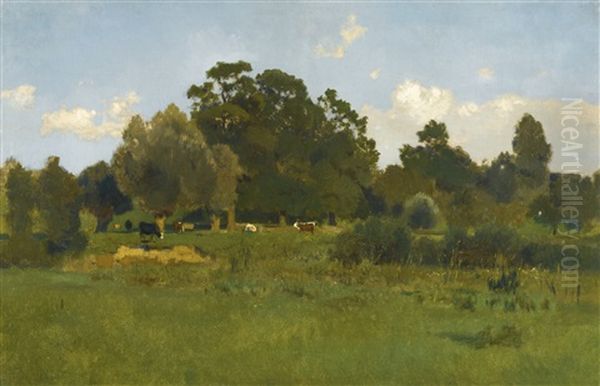 Weide Mit Kuhen (meadow With Cows) Oil Painting by Eugen Jettel